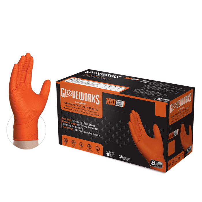 Gloveworks® Industrial Orange Nitrile Gloves with Raised Diamond Texture