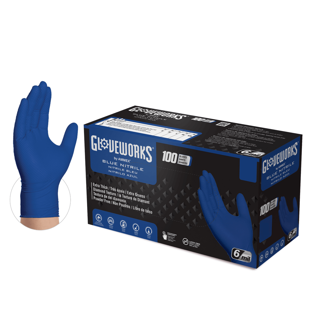 Gloveworks® Industrial Royal Blue Nitrile Gloves with Raised Diamond T ...