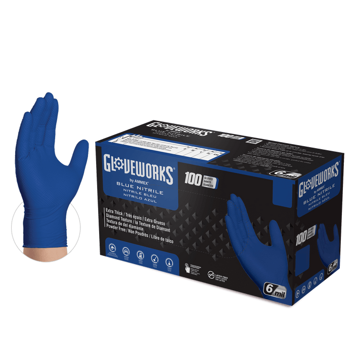 Gloveworks® Industrial Royal Blue Nitrile Gloves with Raised Diamond Texture - 6 Mil